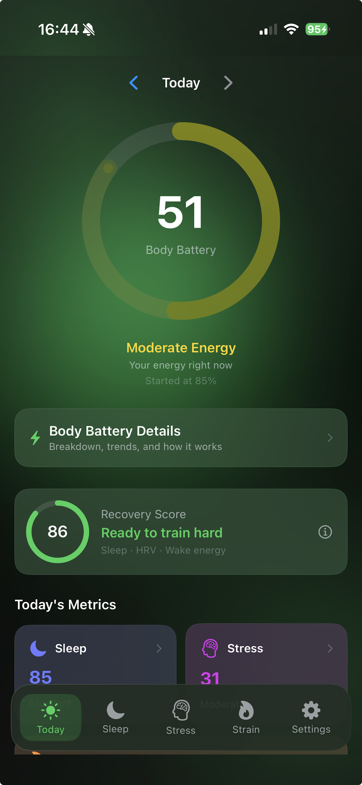 Today home screen with Body Battery, recovery score, and daily metrics on iPhone