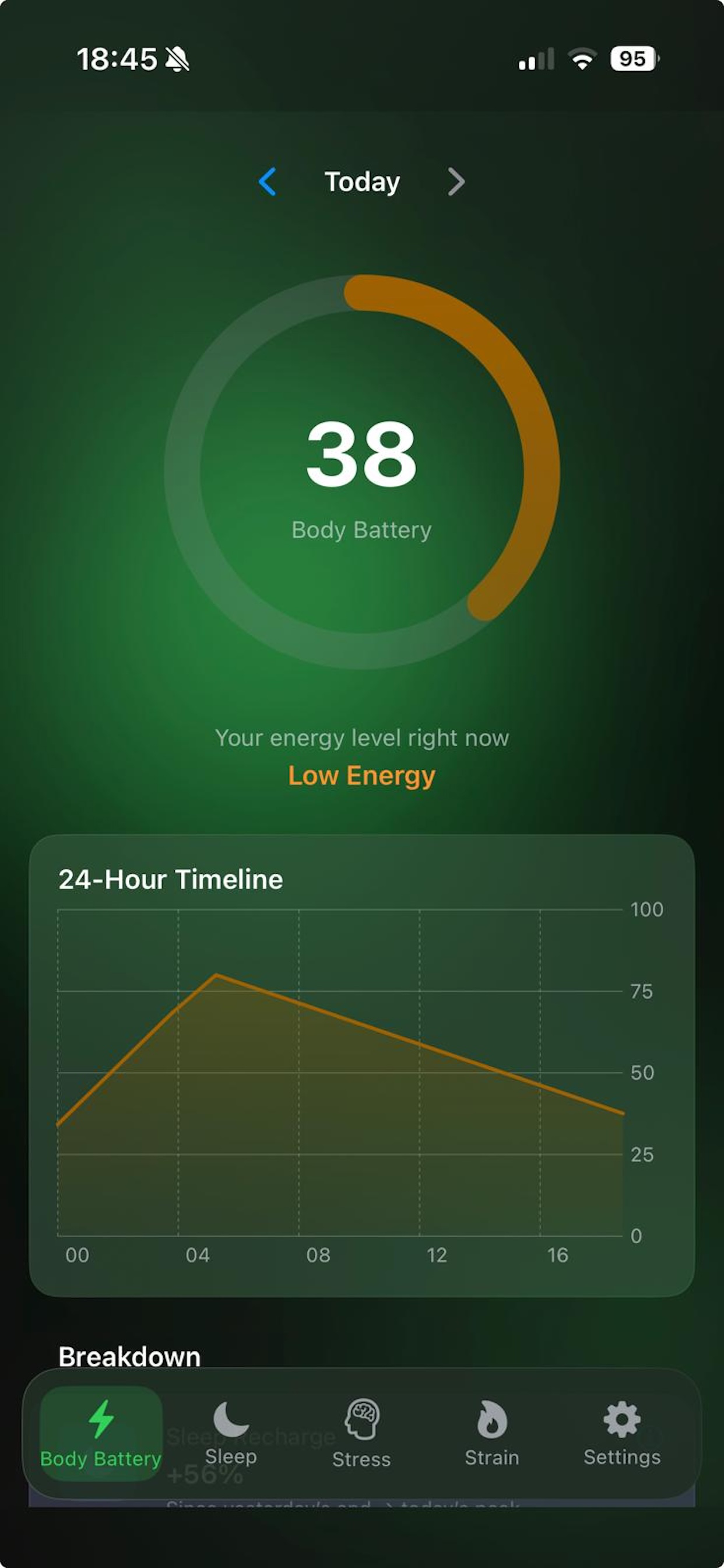 Body Battery dashboard on iPhone